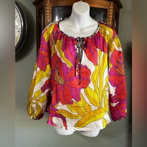 La Prestic Ouiston Floral Silk Colorful KeyHole Blouse Size 0